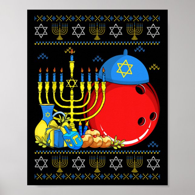 Poster Funny Bowling Ll Menorah Et Dreidel Ugly Hanoukka (Devant)