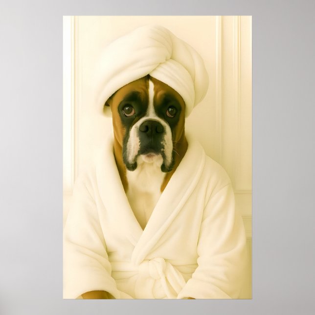 Poster Funny Boxer Bathroom Print, Boxer In Bathrobe (Devant)