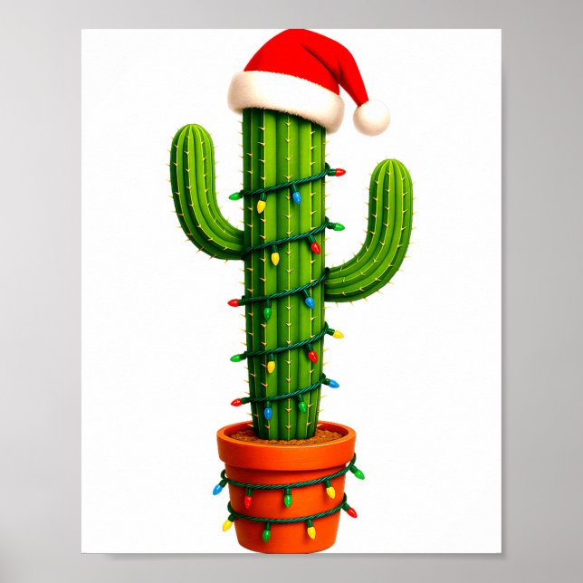 Poster Funny Cactus Santa Hat Xmas Tree Lights Merry Chri (Devant)