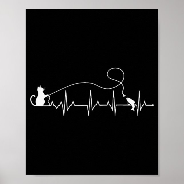 Poster Funny Cat Fly Fishing Fisherman Heartbeat Line Hea (Devant)