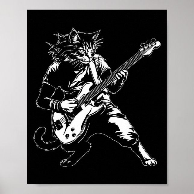 Poster Funny Cat Playing B Guitar Rock Music Lover Musici (Devant)