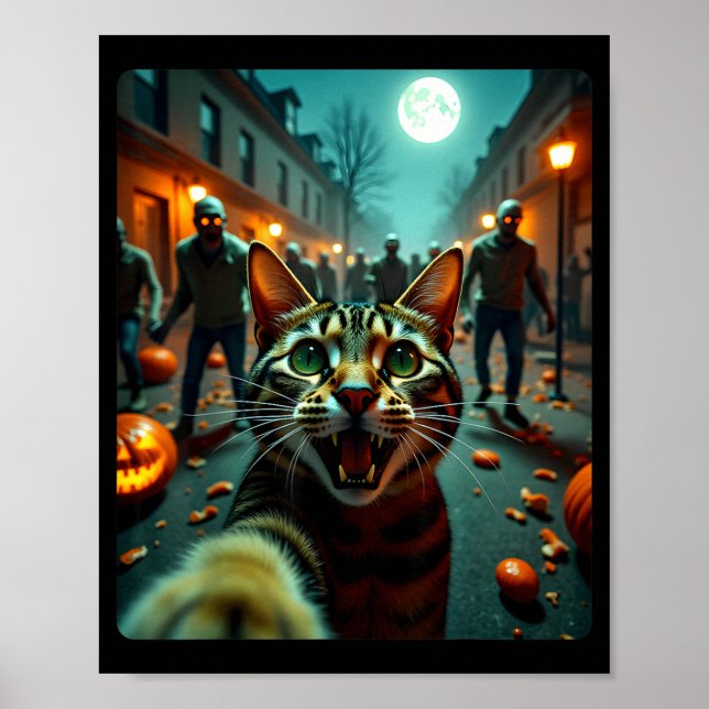 Poster Funny Cat Selfie Halloween Zombies Humor  (Devant)