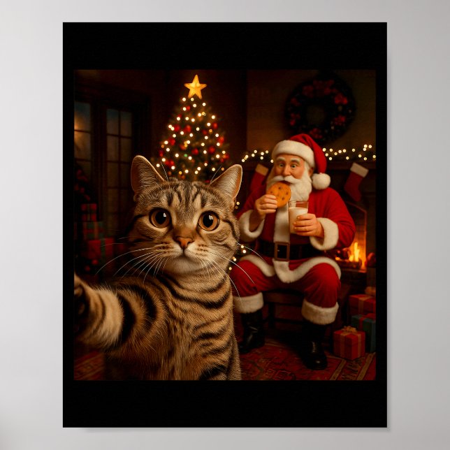Poster Funny Cat Selfie Santa Claus Eating Cookies Christ (Devant)