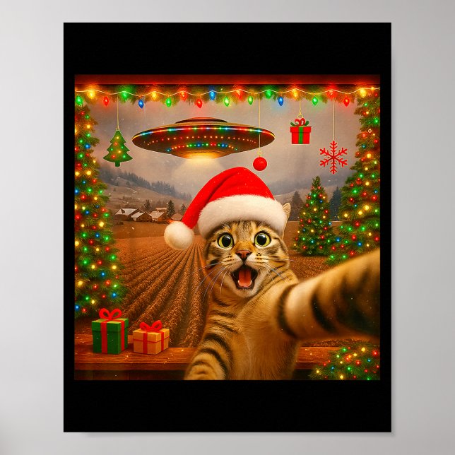 Poster Funny Cat Selfie With Alien Ufo Christmas Lights S (Devant)