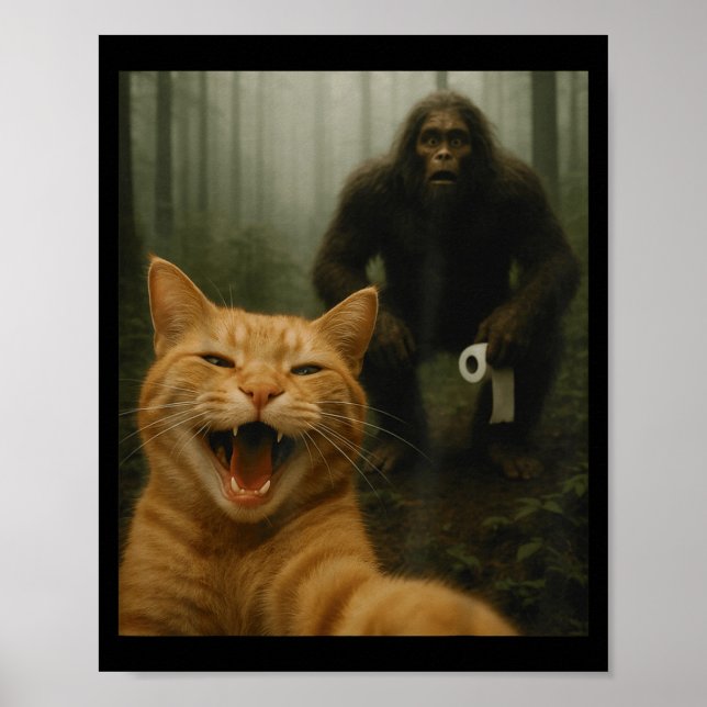 Poster Funny Cat Surprised Happy Selfie With Bigfoot Sasq (Devant)