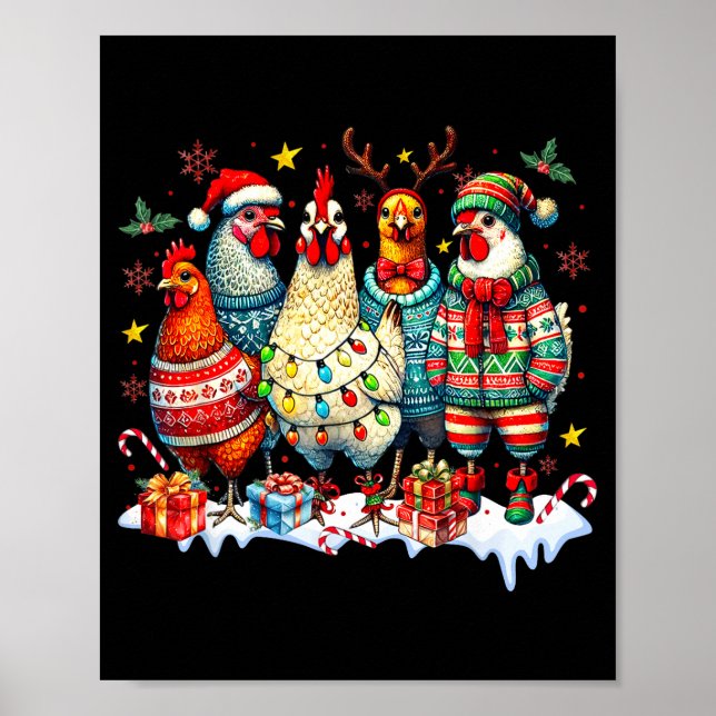 Poster Funny Chicken Christmas Lights Farm Animal Cute Xm (Devant)