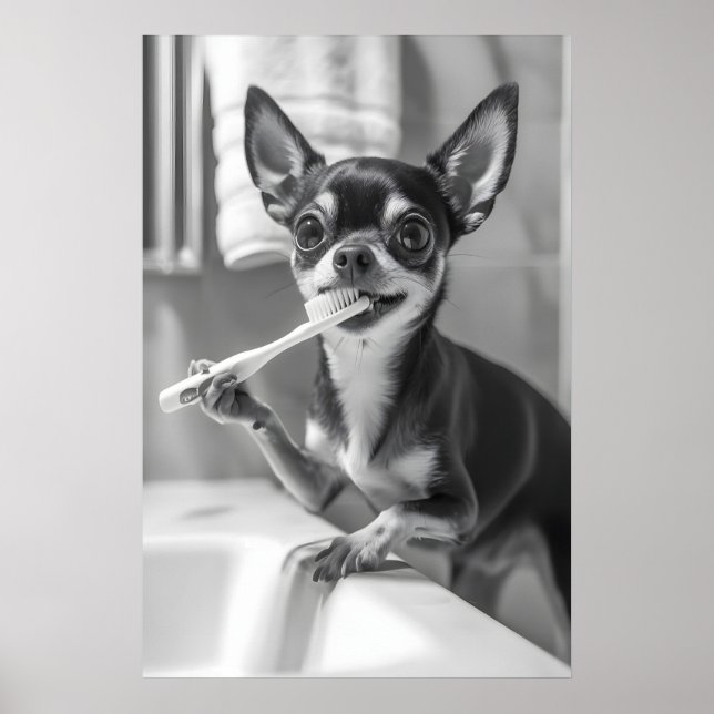Poster Funny Chihuahua Bathroom Art Print, Brushing Teeth (Devant)