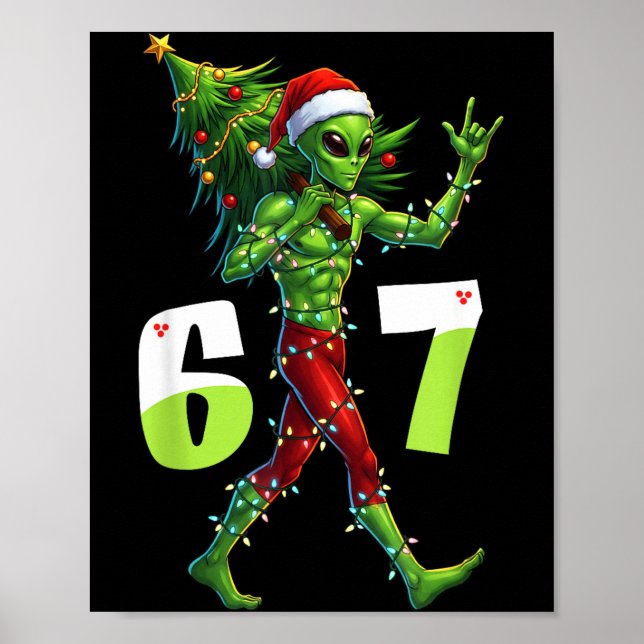 Poster Funny Christmas Alien Six Seven Meme 67 Santa Hat  (Devant)