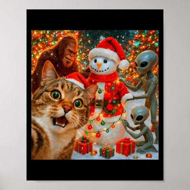 Poster Funny Christmas Cat Selfie With Bigfoot Alien &amp (Devant)