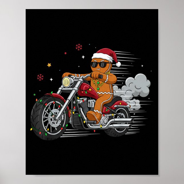 Poster Funny Christmas Gingerbread Man Biker Riding A Mot (Devant)