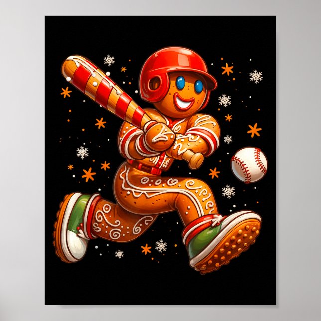 Poster Funny Christmas Gingerbread Man Playing Baseball C (Devant)