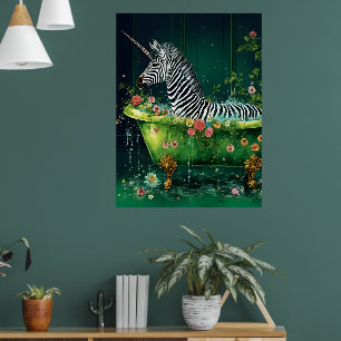 Poster Funny Cute Unicorn Zebra dans une baignoire