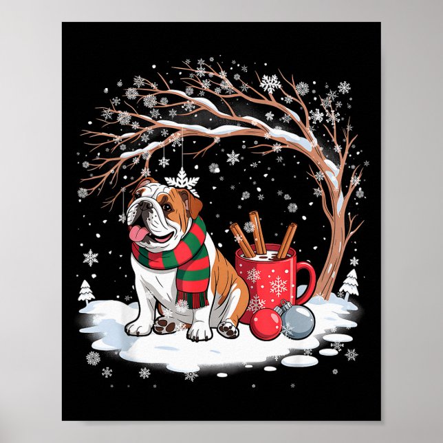 Poster Funny English Bulldog In The Snow Tree Christmas W (Devant)