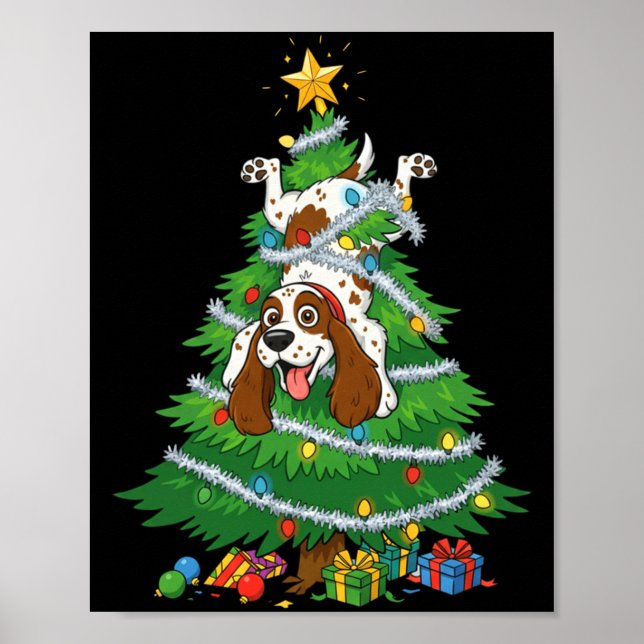 Poster Funny English Springer Spaniel Dog Christmas Tree  (Devant)