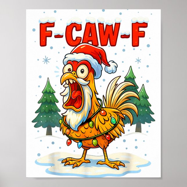 Poster Funny F-caw-f Christmas Chicken Xmas Lights Santa  (Devant)