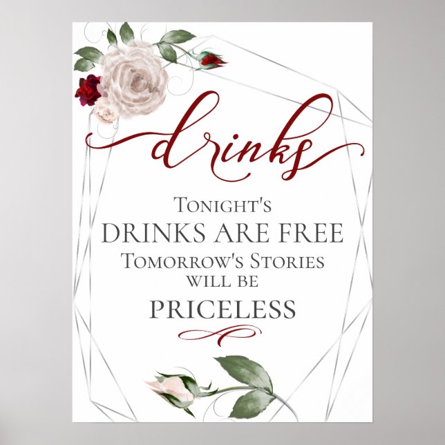 Poster Funny Free Drinks Bar Menu Signer Blush Rose (Devant)