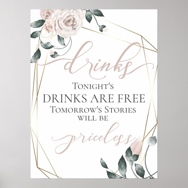 Poster Funny Free Drinks Bar Menu Signer Rose Gold (Devant)