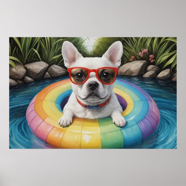 Poster Funny French Bulldog flottant dans un étang (Devant)