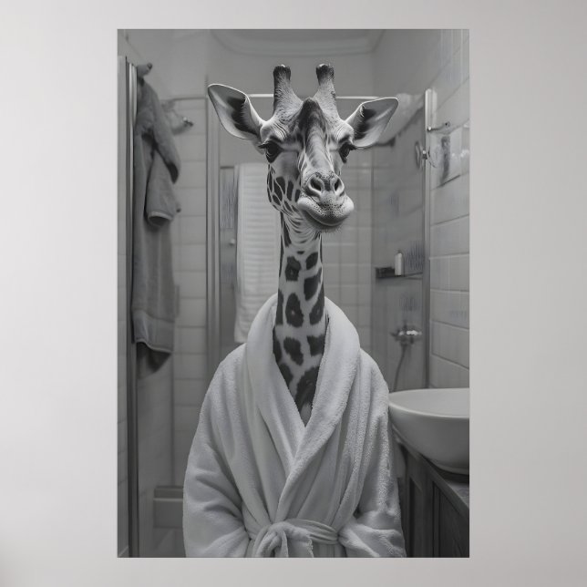 Poster Funny Giraffe in Bathrobe Print, Quirky Bathroom (Devant)