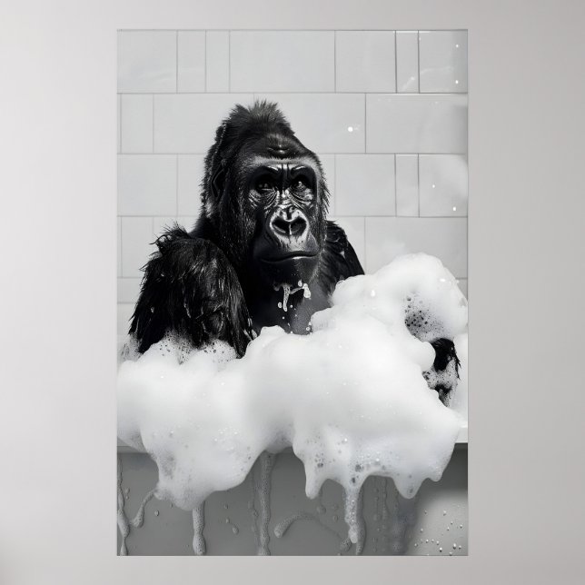 Poster Funny Gorilla Bubble Bath Print, Bathroom Animal (Devant)