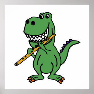 Poster Funny Green T-rex Dinosaur Playing Flute