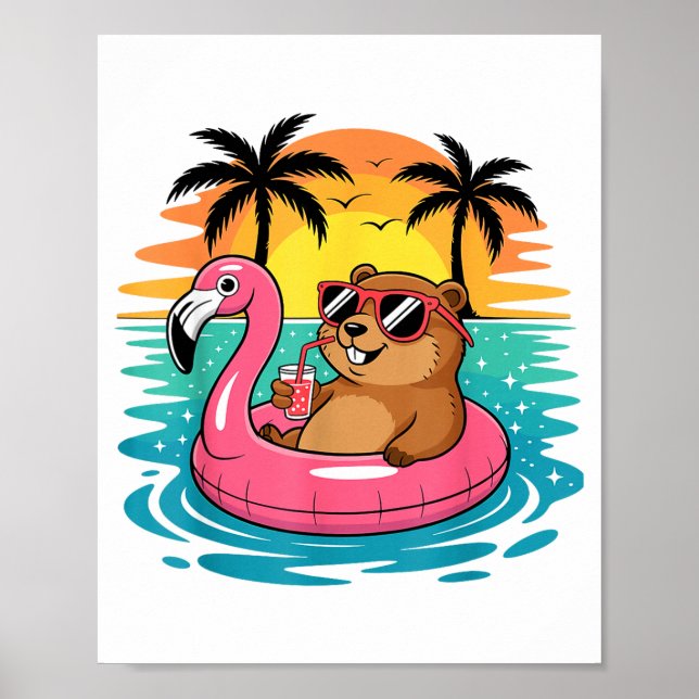 Poster Funny Groundhog Hawaiian Flamingo Float Beach Summ (Devant)