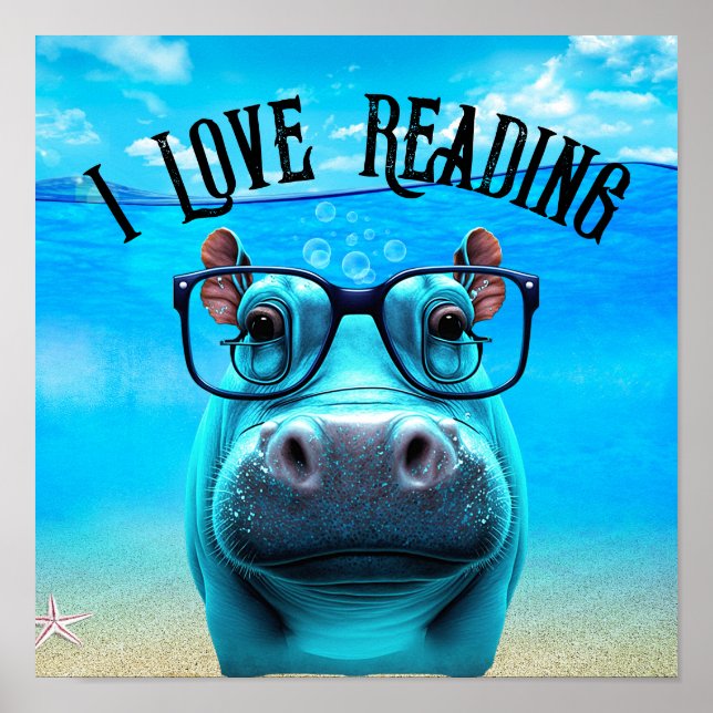 Poster Funny Hippo avec lunettes I Love Reading Library (Devant)