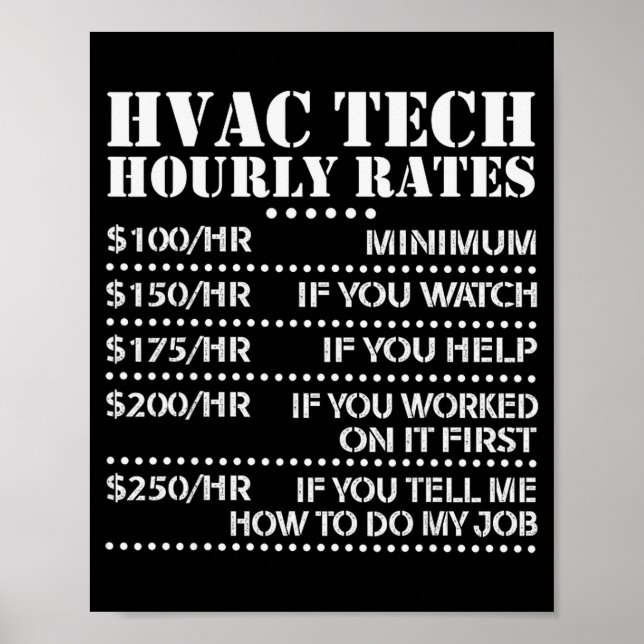 Poster Funny Hvac Tech Hourly Rate Chart Men Women  (Devant)