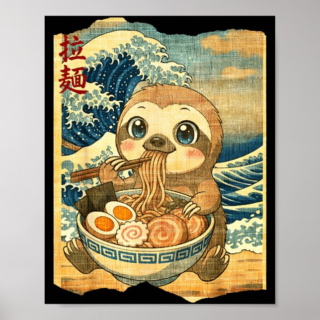 Poster Funny Kawaii Sloth Ramen Noodle Bowl Japanese Wave (Devant)