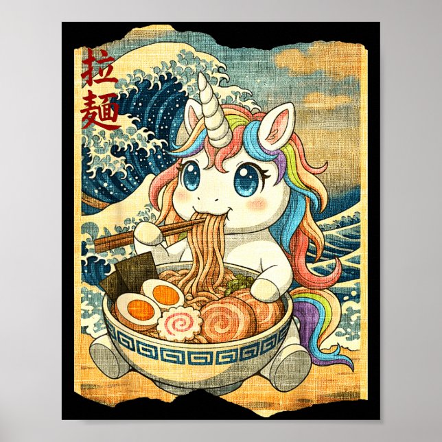 Poster Funny Kawaii Unicorn Ramen Noodle Bowl Japanese Wa (Devant)