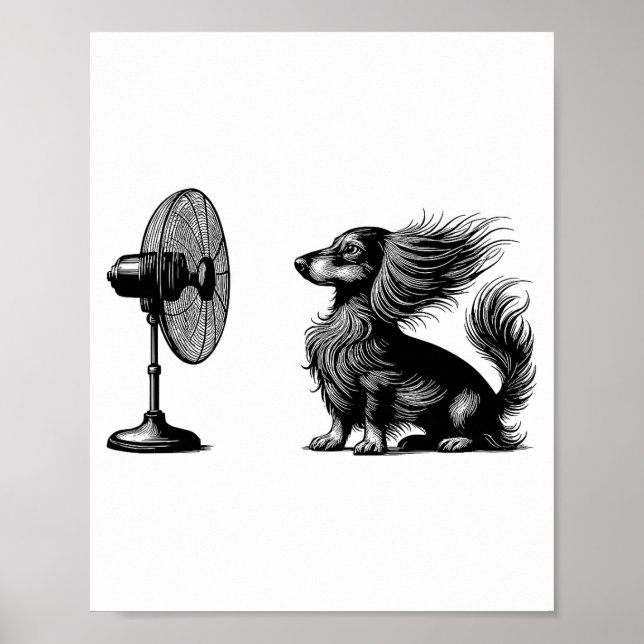 Poster Funny Long Haired Dachshund Dog With Fan Doxie Wie (Devant)