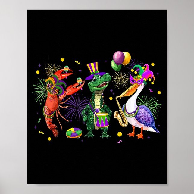 Poster Funny Mardi Gras 2026 Crocodile Crawfish Pelican N (Devant)