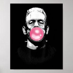 Poster Funny Monstre Frankenstein Frappant Une Bulle Gum 