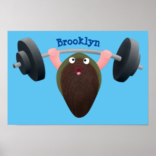 Poster Funny mussel working out cartoon illustration 