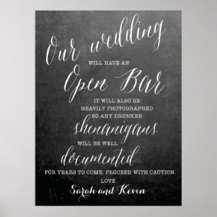 Poster Funny Open Bar Mariage signe   Noms personnalisés