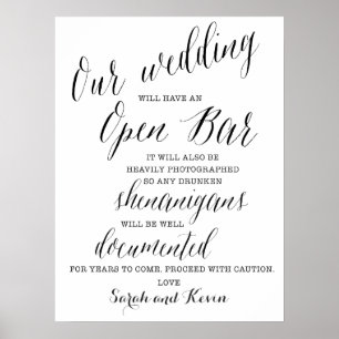 Poster Funny Open Bar Mariage signe   Noms personnalisés