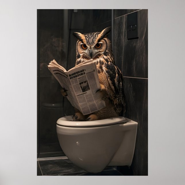 Poster Funny Owl Reading Newspaper on Toilet, Bathroom (Devant)