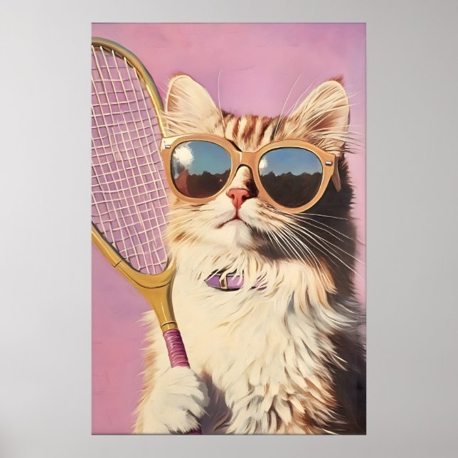 Poster Funny Pink Cat Tennis Art Print - Cute Wall for (Devant)