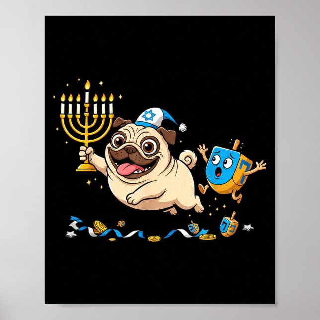 Poster Funny Pug Dreidel Menorah Hanukkah Kids Womens Men (Devant)