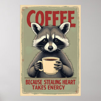 Poster Funny Raccoon Coffee Art