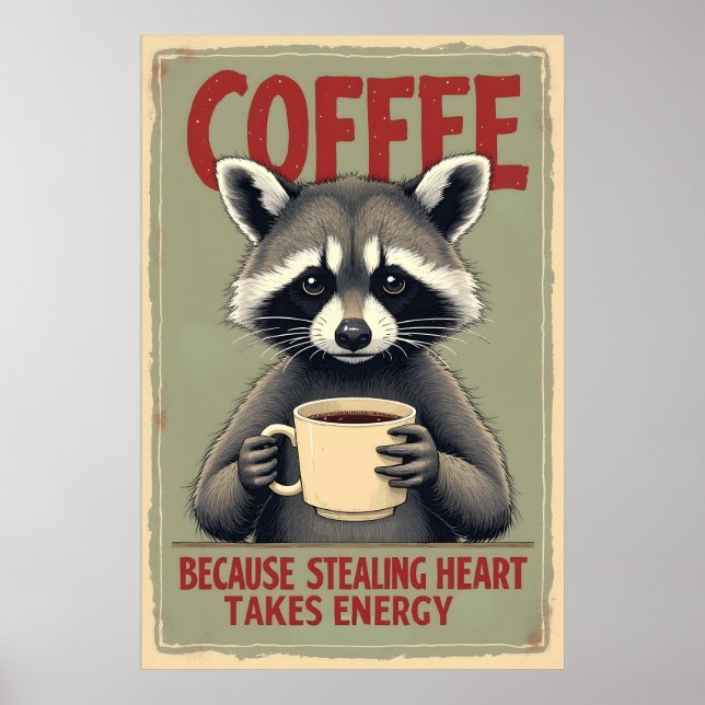 Poster Funny Raccoon Coffee Art (Devant)