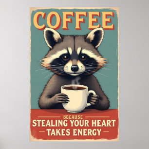 Poster Funny Raccoon Coffee Art
