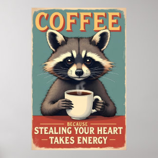 Poster Funny Raccoon Coffee Art