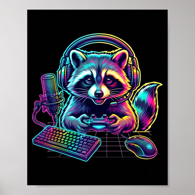 Poster Funny Raccoon Gamer Video Game Gaming Lover  (Devant)
