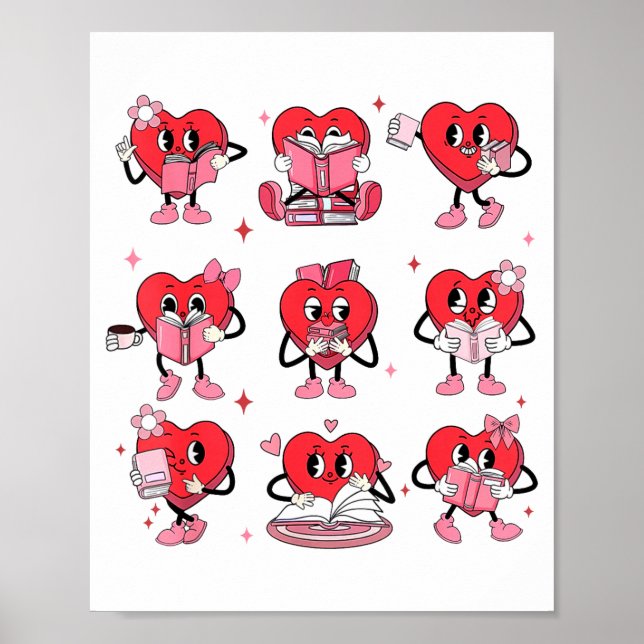 Poster Funny Reading Heart Book Valentines Day Teacher Wo (Devant)