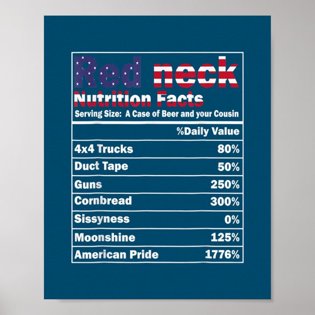 Poster Funny Redneck Nutrition Facts 4 juillet Pays (Devant)