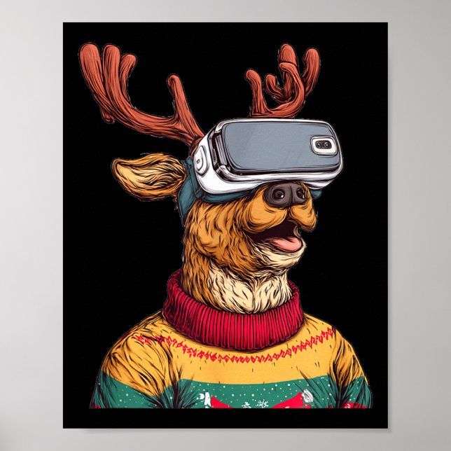 Poster Funny Reindeer In Christmas Sweater And Vr Headset (Devant)