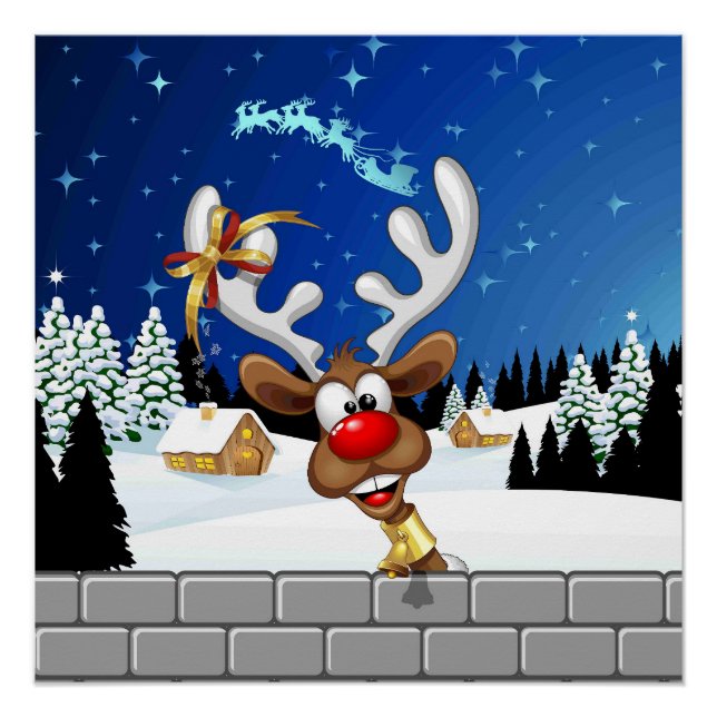 Poster Funny Reindeer Peeking Christmas Meme  (Devant)