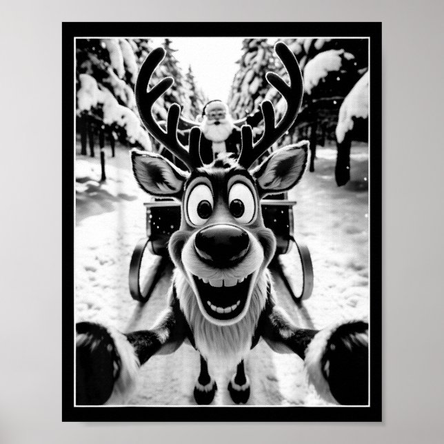 Poster Funny Reindeer Selfie Santa Sleigh Christmas Holid (Devant)