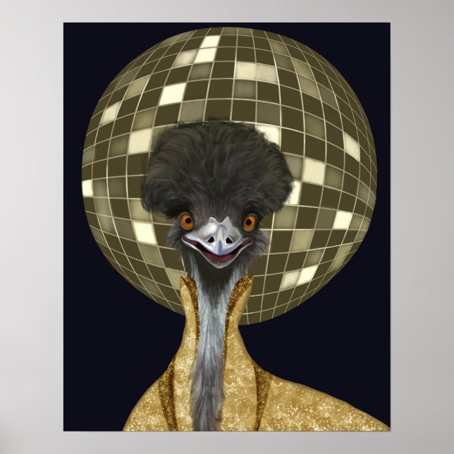 Poster Funny Retro Golden Disco Ball Emu Bird (Devant)